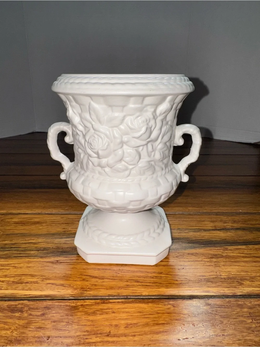 Vintage White Urn Vase with Floral Details